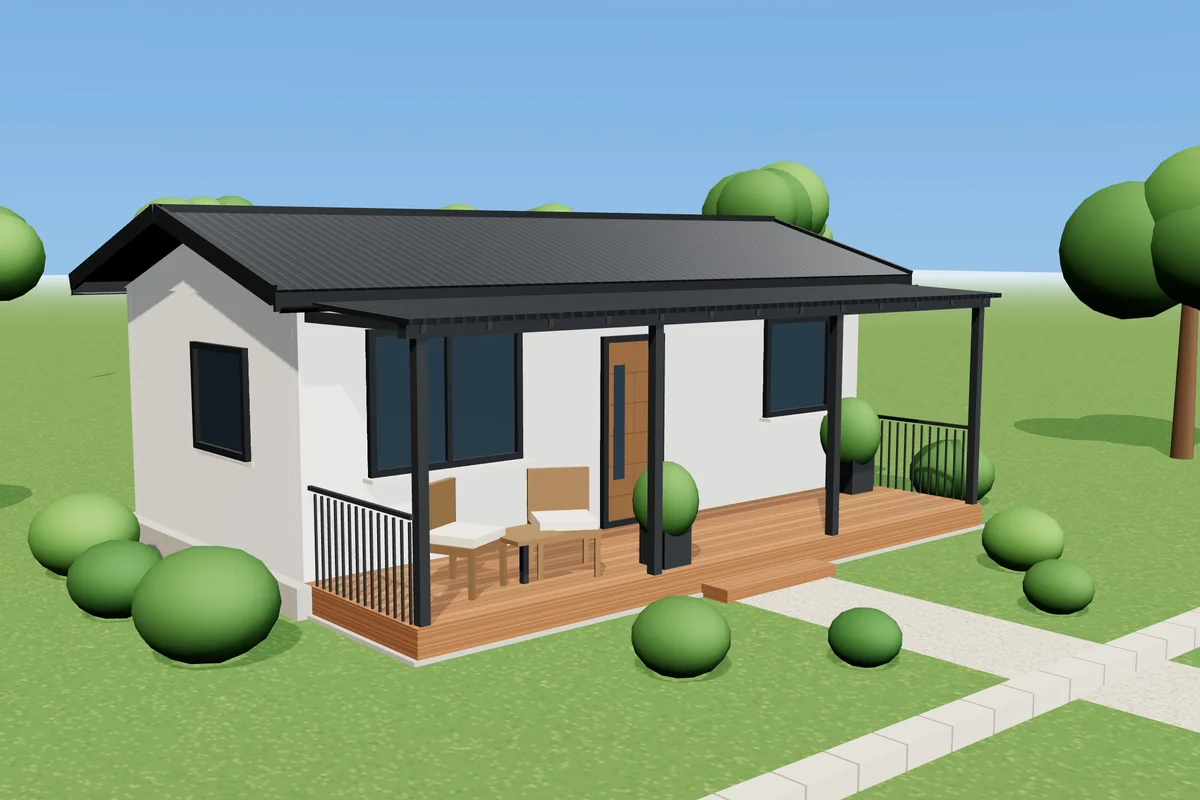 KKTC Prefabrik Ev Model 3: 32 m² 1+1 prefabrik ev ön cephe