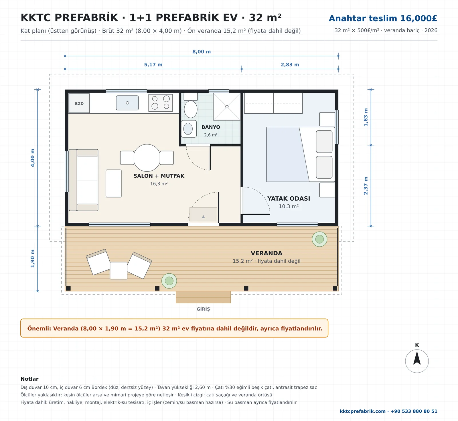 Kktc Prefabrik Ev Model 3 5 KKTC Prefabrik Ev Model 3 kat planı, 32 m² 1+1