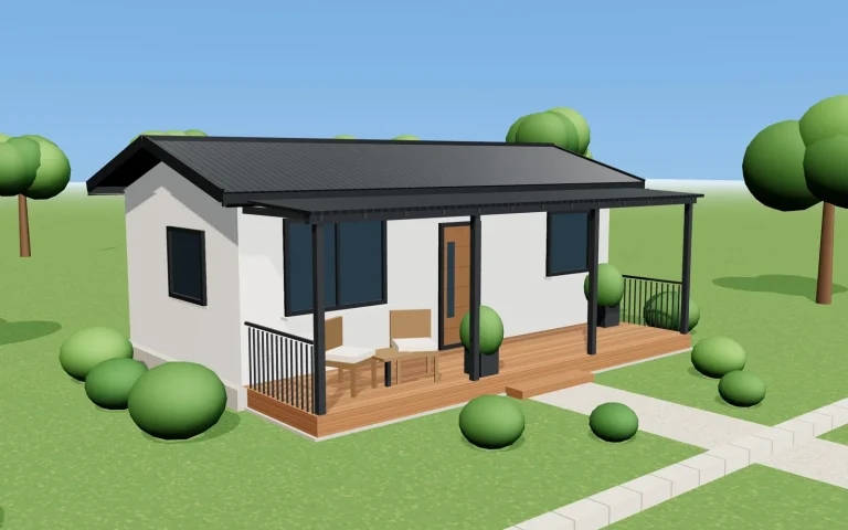 Kktc Prefabrik Ev Model 3 2 KKTC Prefabrik Ev Model 3: 32 m² 1+1 prefabrik evin Bordex duvarlı, antrasit beşik çatılı ve ahşap verandalı ön cephe 3D görünüşü